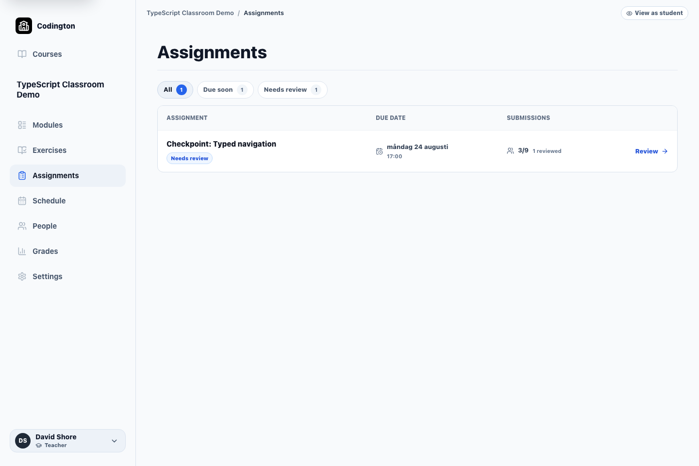 Teacher assignment list showing the Typed navigation checkpoint, due date, submission count, and review action