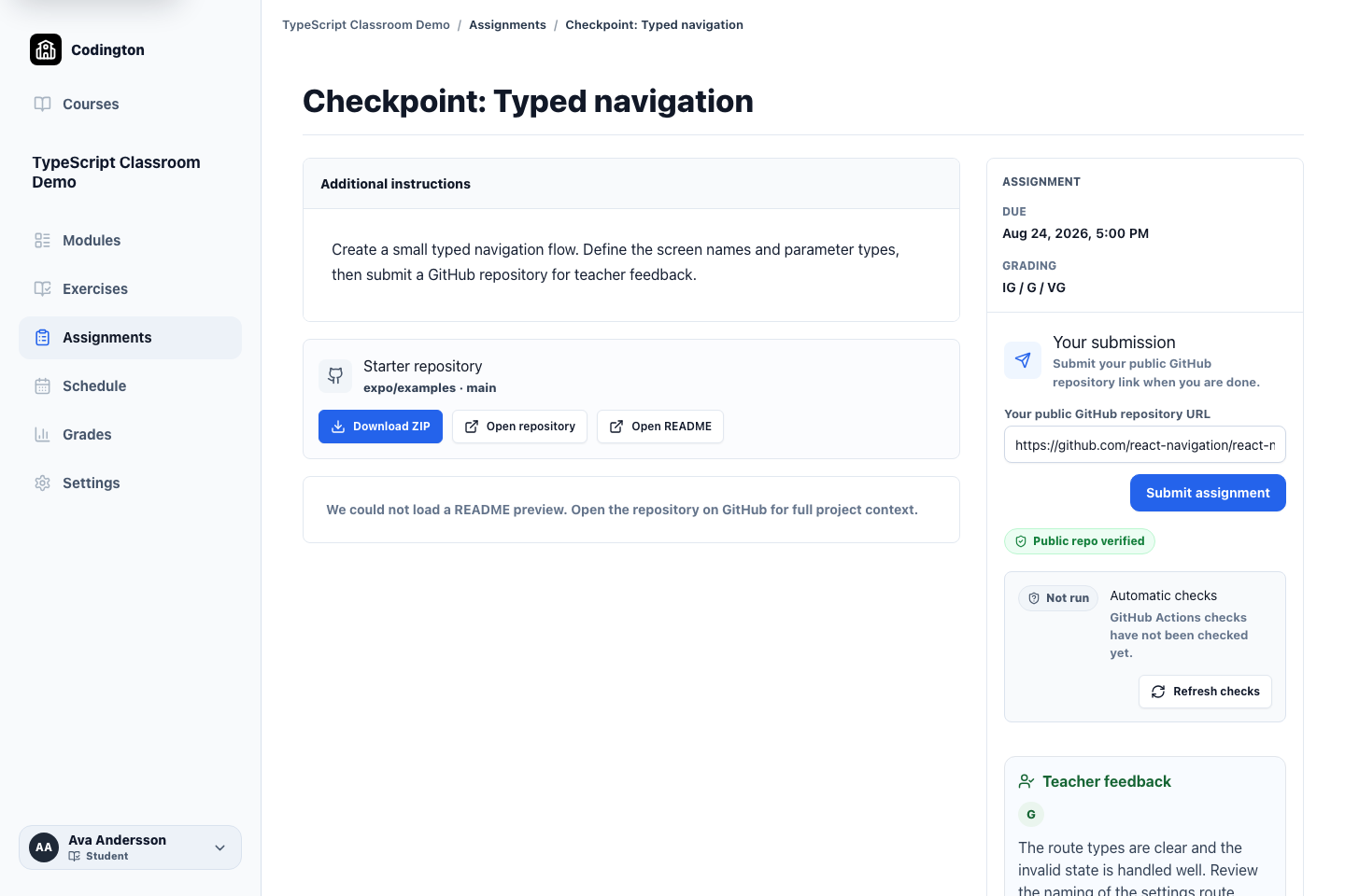 Student assignment page showing the starter repository, a verified public GitHub submission, automatic-check status, teacher feedback, and grade