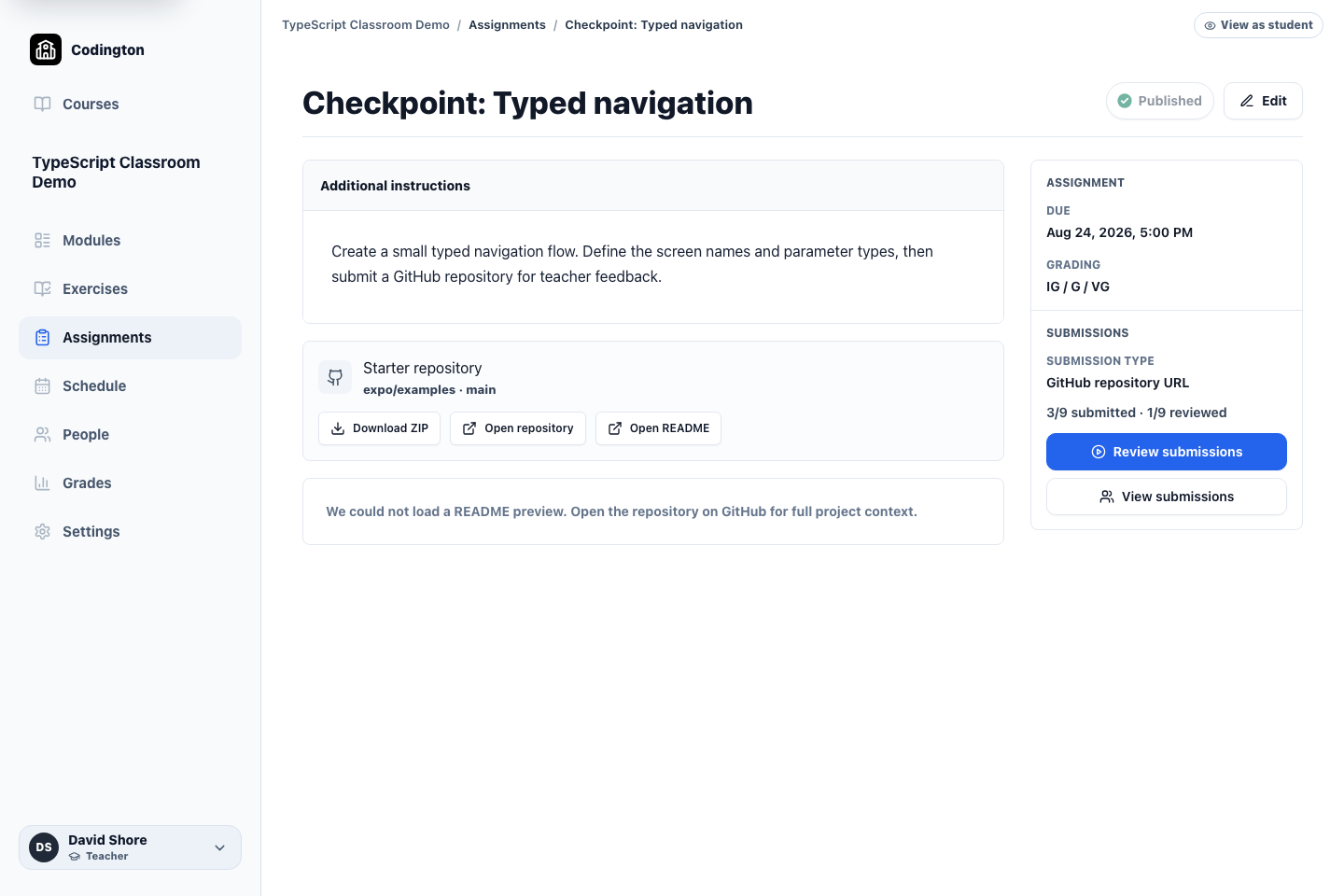 Teacher assignment detail showing instructions, starter repository, submission settings, and review actions