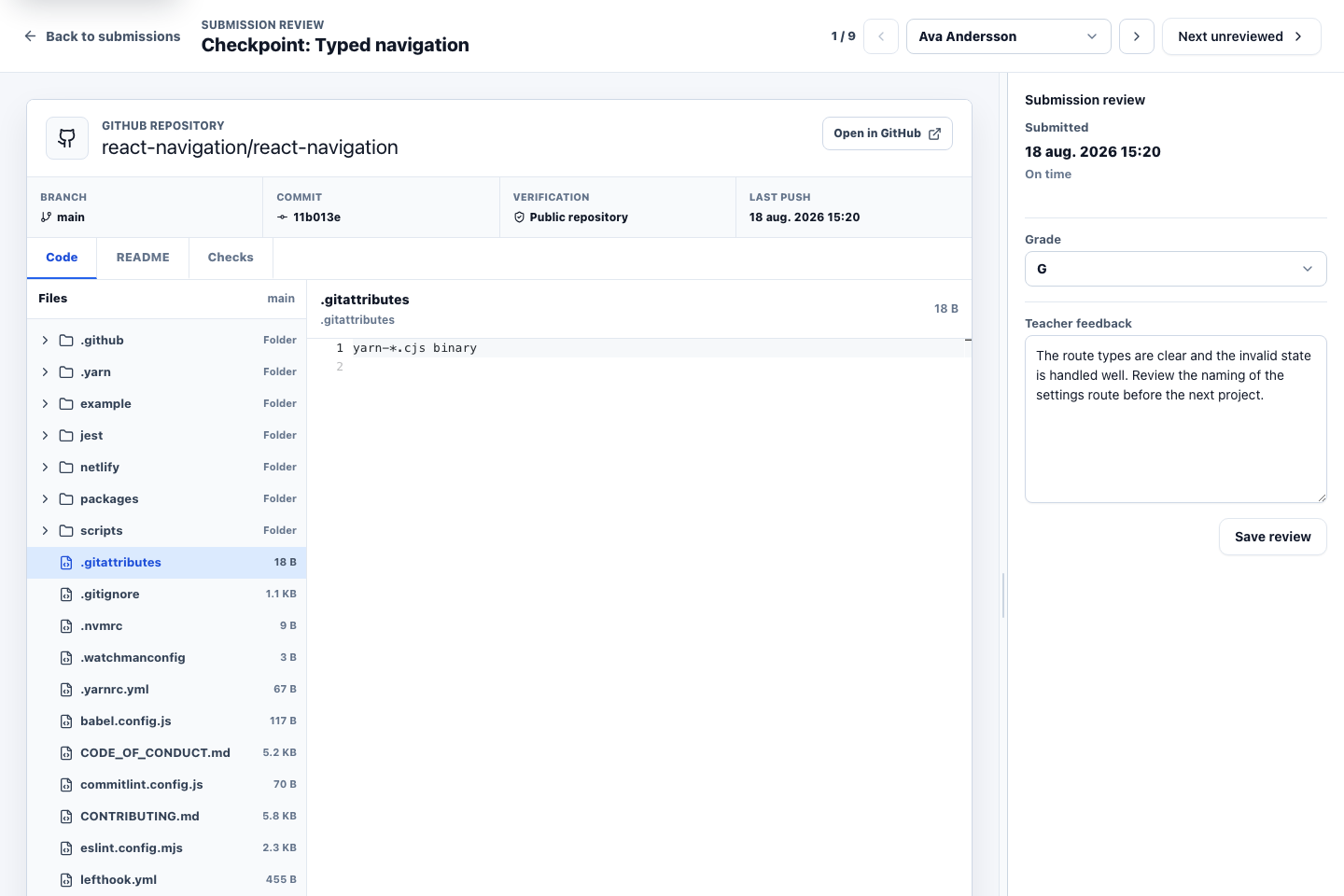 Codington submission review showing a verified public GitHub repository, pinned commit, repository files, teacher feedback, and grade