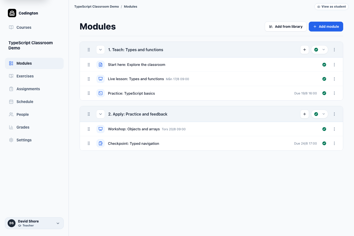 Codington course builder showing modules, lessons, exercises, and an assignment