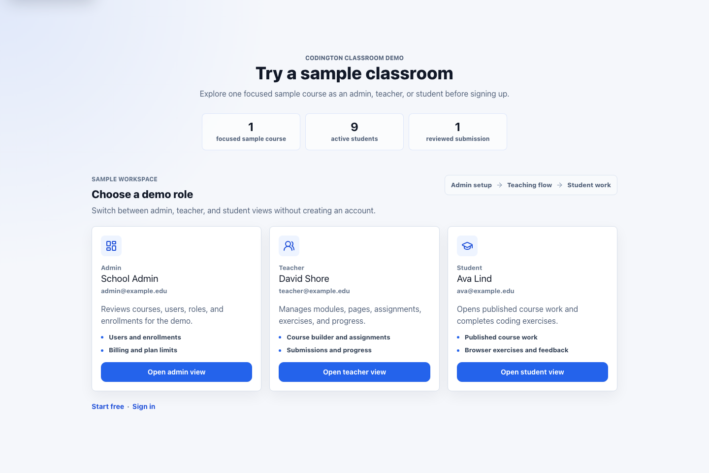 Codington demo role selection for administrator, teacher, and student