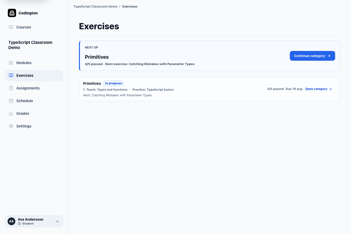 Student exercise overview showing the assigned Primitives category, four of five exercises passed, and the next exercise